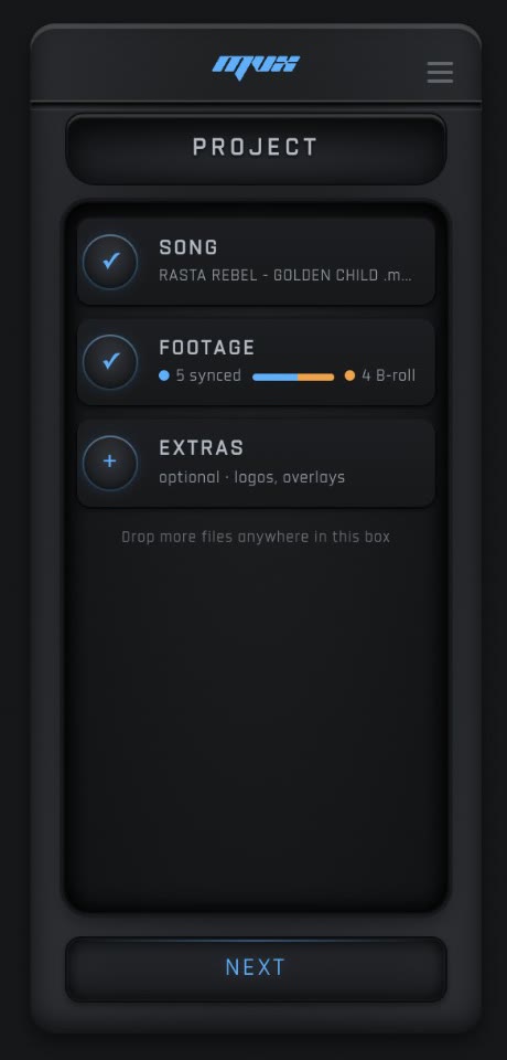 MVX Project screen: the song and footage imported, 5 synced performance clips and 4 B-roll
